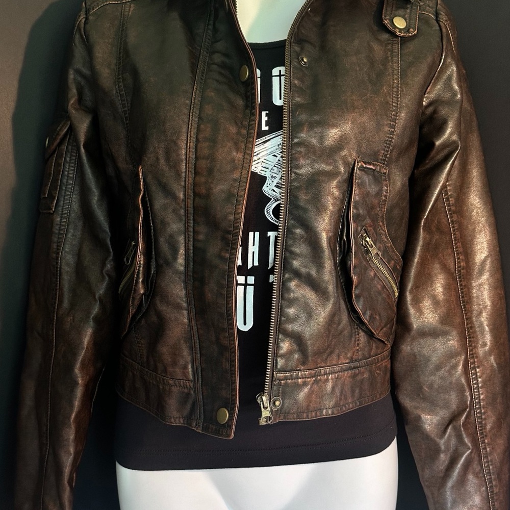 90's Y2K Suzy Shier Brown faux Leather Jacket Classic Motorcycle Style